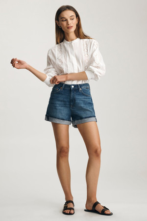 Front view of Mavi Heidi cuffed denim shorts in mid brushed classic blue showing high-rise waist and folded hem