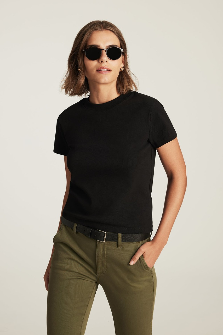 Front view of Mavi Layla ribbed baby t-shirt in black showing crew neckline and slim fit