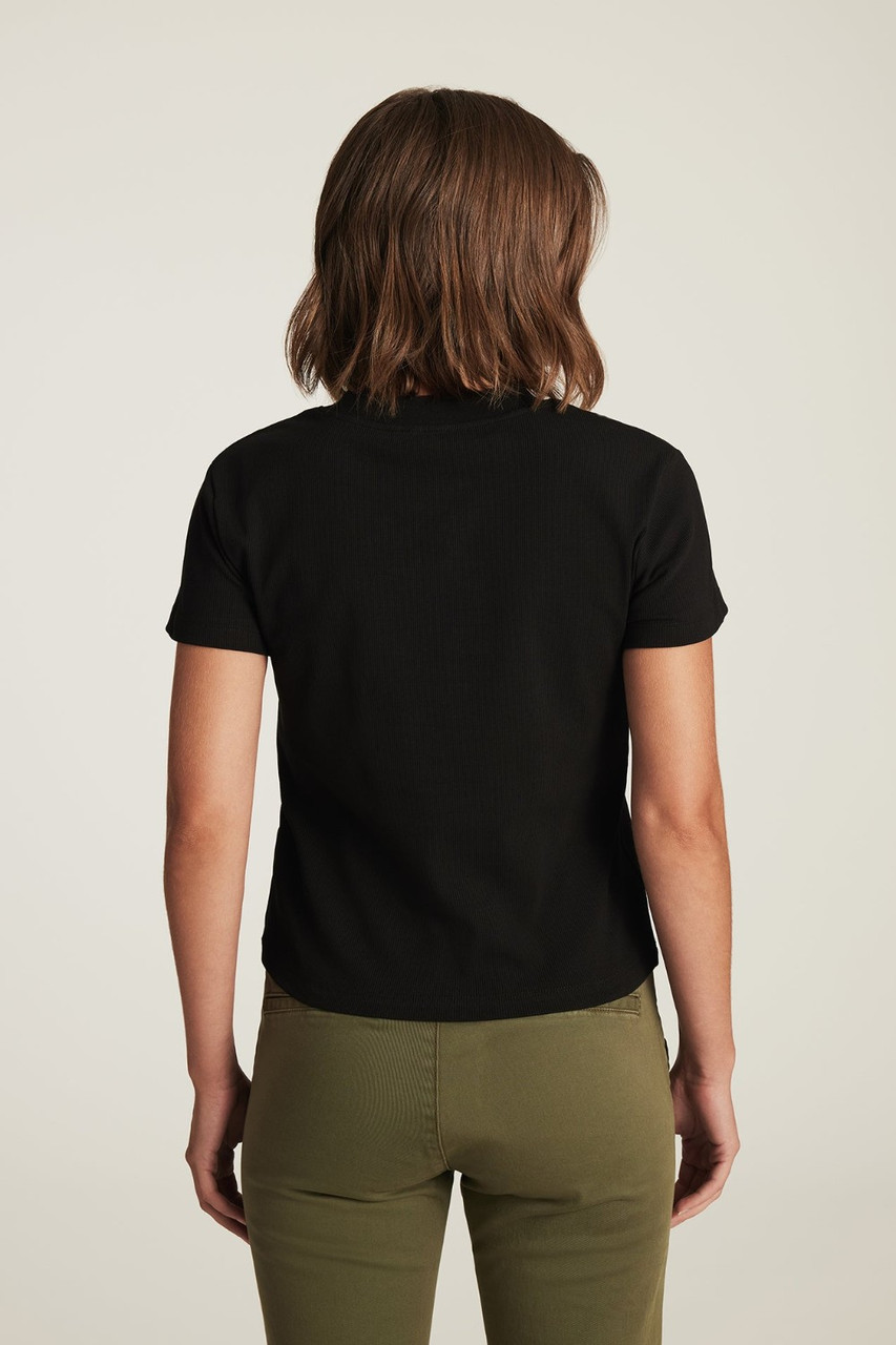 Back view of Mavi Layla black ribbed baby t-shirt showing smooth back shoulders and hemline