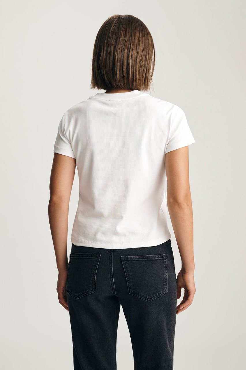 Back view of Mavi Layla white ribbed baby t-shirt showing smooth back shoulders and hemline