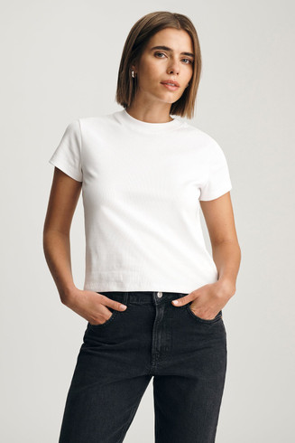 Front view of Mavi Layla ribbed baby t-shirt in white showing crew neckline and slim fit
