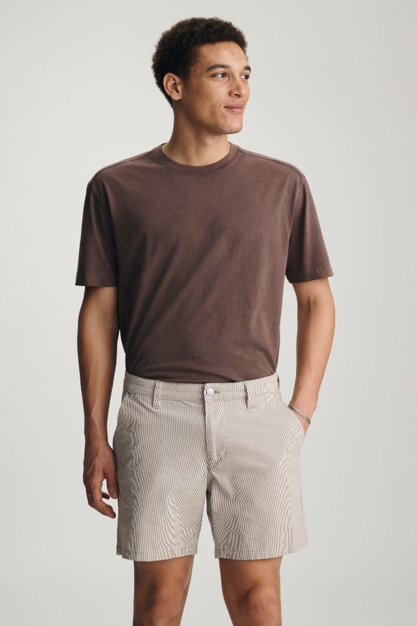 Front view of Mavi Nate regular rise 7 inch chino shorts in sand seersucker showing waistband and side pockets