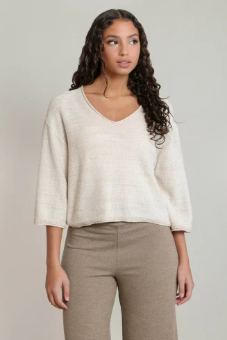 Front view of Dex V-neck sweater top in soft oatmeal mix featuring relaxed long sleeves