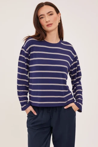 Front view of Gentle Fawn Indy long sleeve top in navy stripe showing crew neck and long sleeves