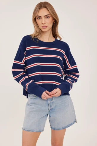Front view of Gentle Fawn Echo pullover sweater in navy stripe showing ribbed crew neck