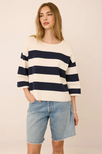 Front view of Gentle Fawn Amina top in navy stripe showing crew neck and long sleeves