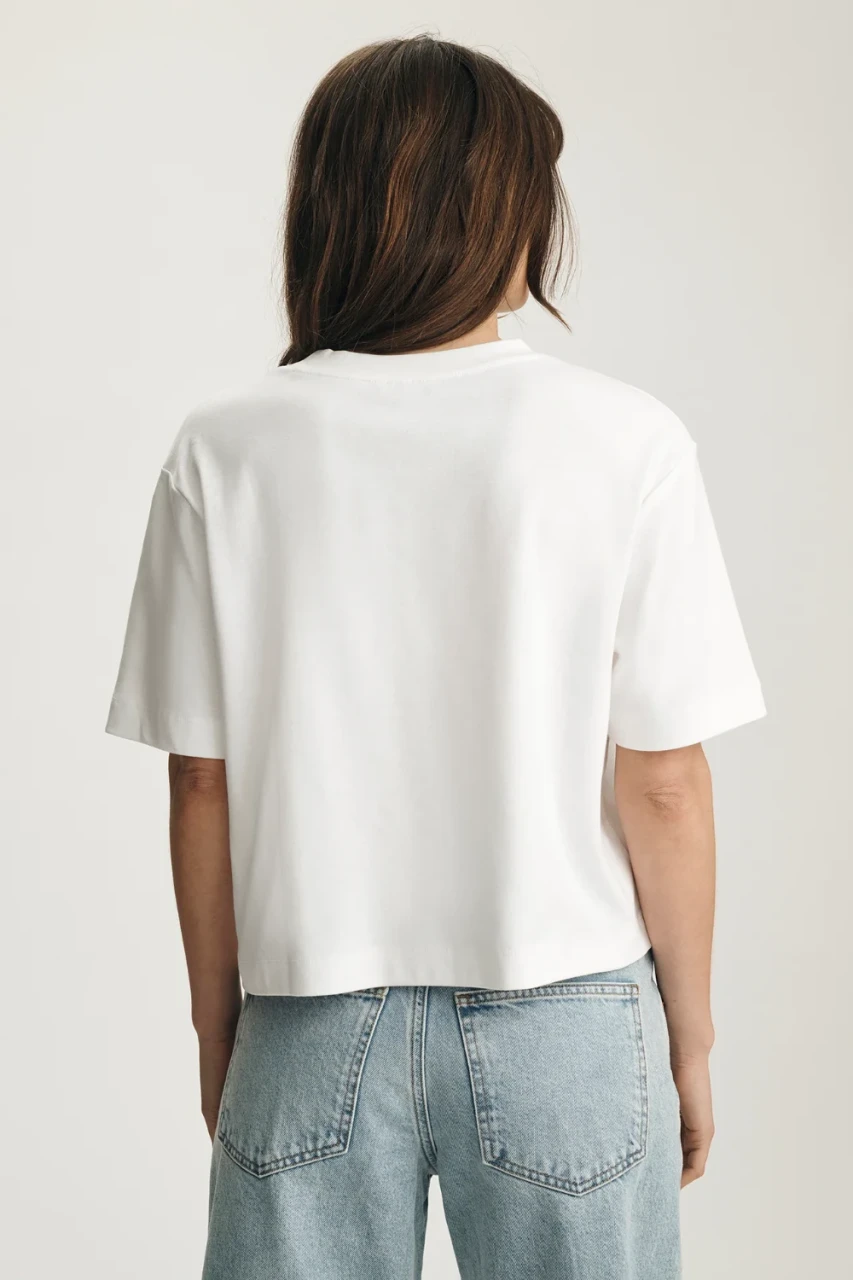 Back view of Mavi Riley white crew neck t-shirt showing smooth back yoke and finished hem