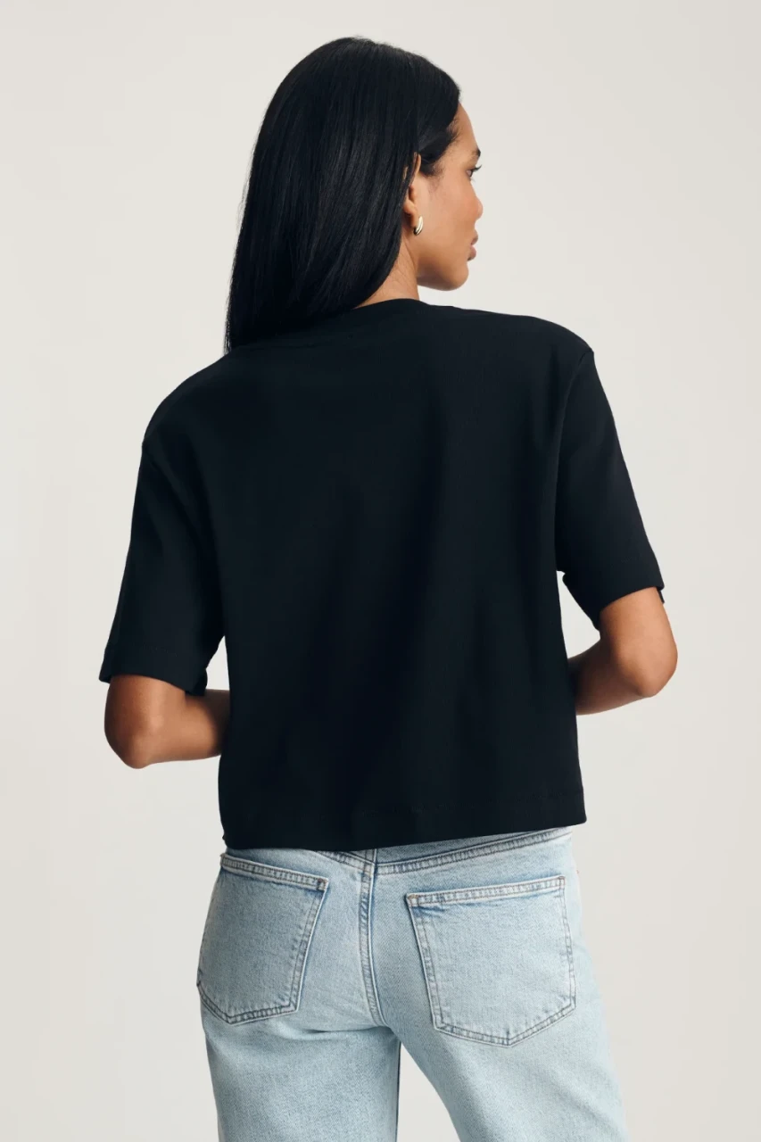 Back view of Mavi Riley black crew neck t-shirt showing smooth back yoke and finished hem