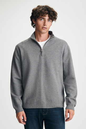 Front view of Mavi quarter zip sweater in grey melange showing mock neck collar and metal zipper placket