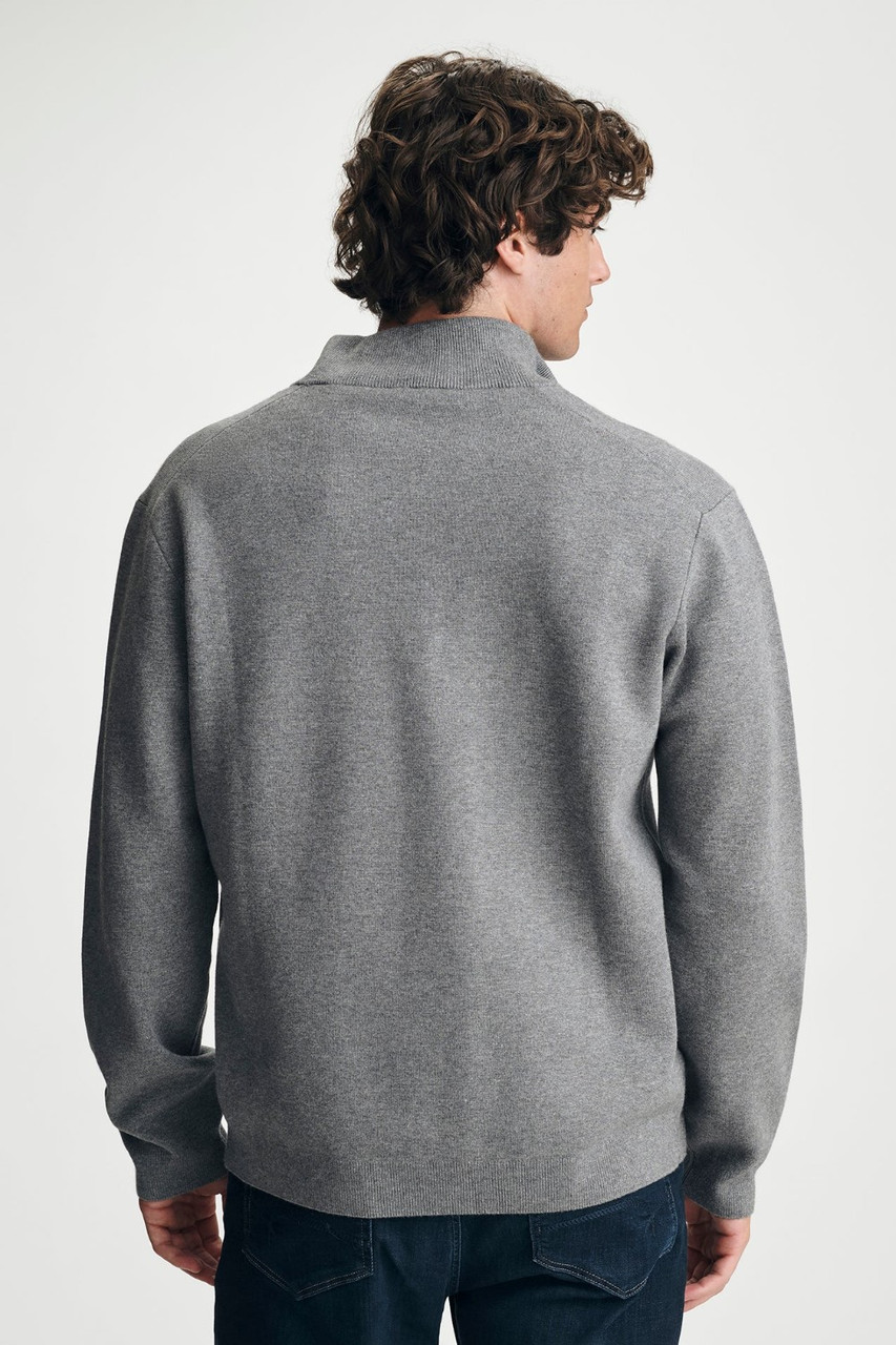Back view of Mavi grey melange quarter-zip sweater showing smooth back yoke and ribbed hemline