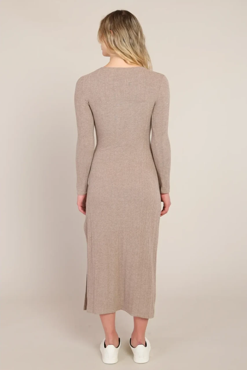 Back view of Room 34 heather brown knot waist long dress showing clean longline fit