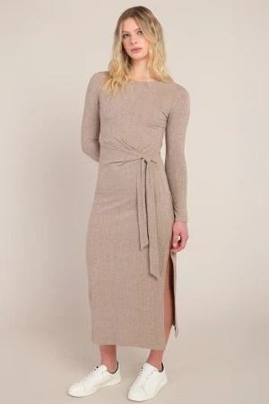 Front view of Room 34 knot waist long dress in heather brown showing waist cinch detail