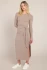 Front view of Room 34 knot waist long dress in heather brown showing waist cinch detail