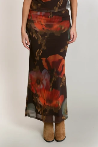 Front view of Dex mesh floral midi skirt featuring lightweight sheer fabric and floral pattern