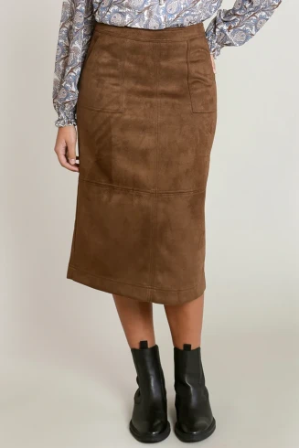 Front view of Dex faux suede midi skirt in soft smooth texture