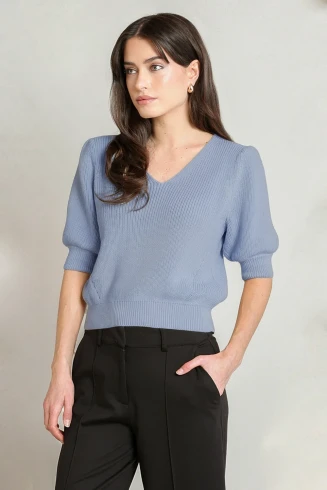 Front view of Black Tape puffy sleeve sweater top in steel showing statement shoulders