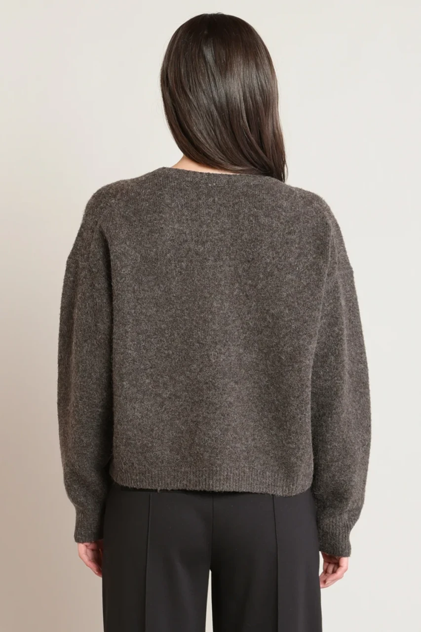 Back view of Black Tape espresso heather embroidered flower sweater showing clean drape and knit texture