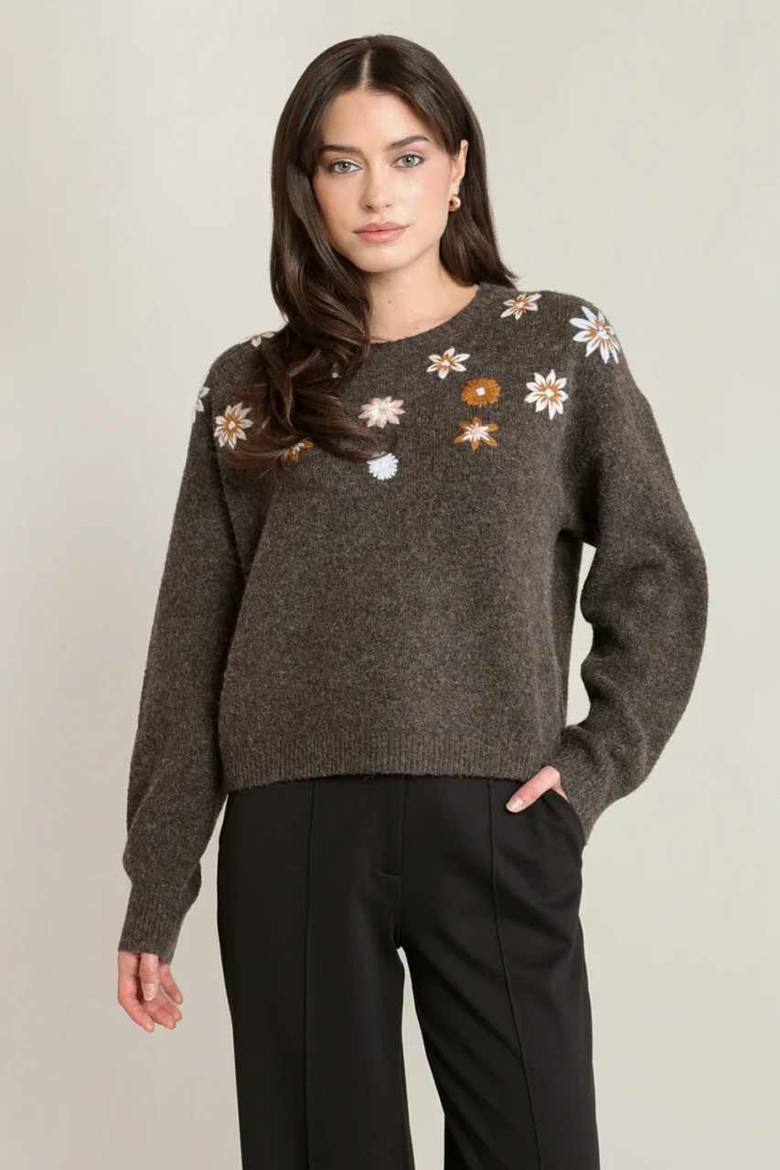 Front view of Black Tape embroidered flower sweater in espresso heather showing floral embroidery