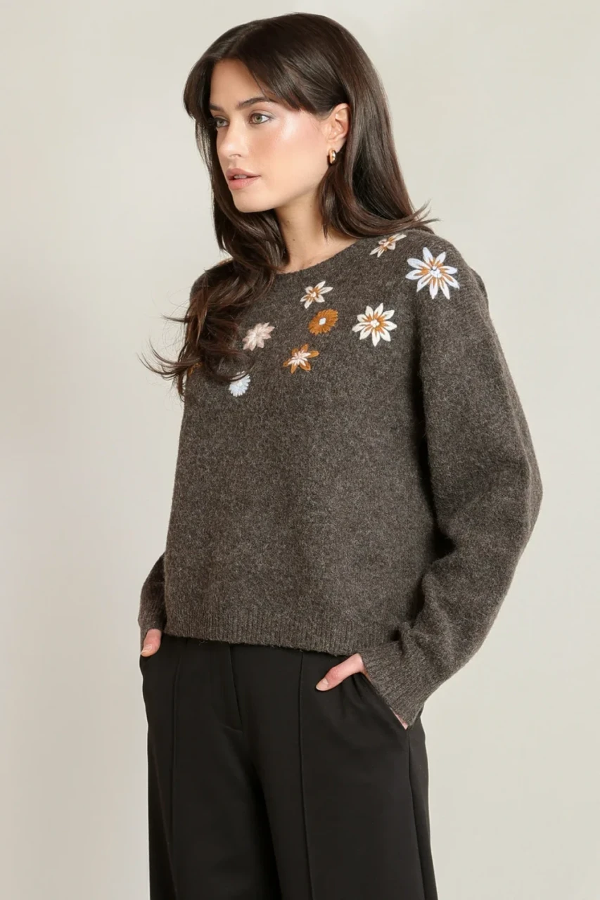 3/4 view of Black Tape embroidered flower sweater in espresso heather showing floral embroidery