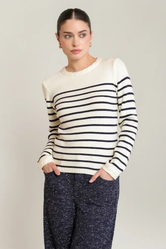 Front view of Black Tape stripe sweater top in navy stripe showing horizontal knit pattern