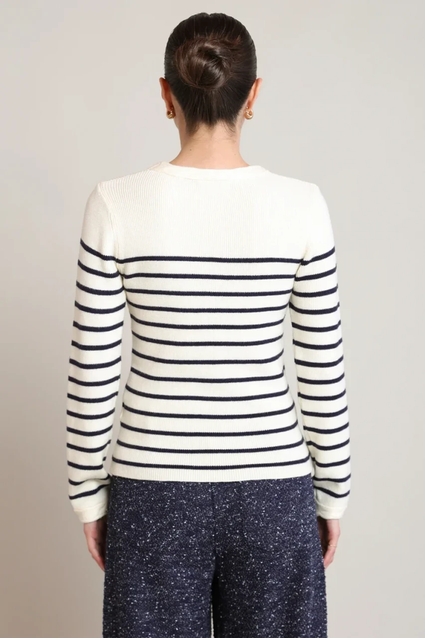 Back view of Black Tape navy stripe sweater top showing clean drape and knit texture