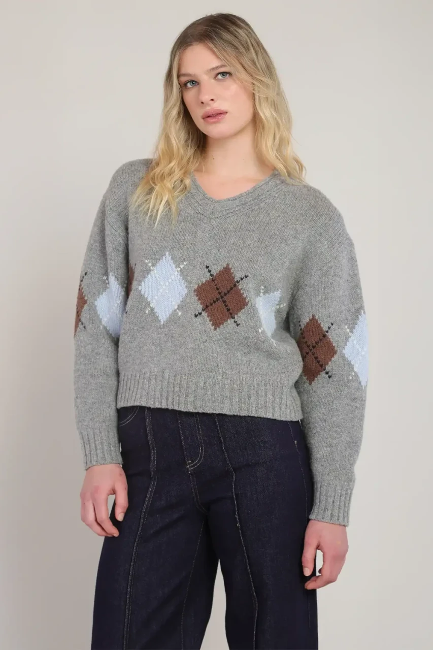 Front view of Room 34 V-neck argyle sweater in grey showing diamond pattern and neckline