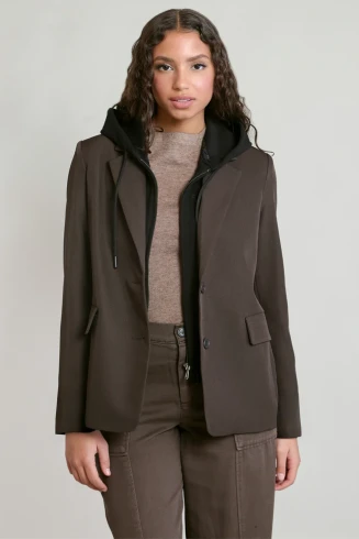 Front view of Dex detachable hooded blazer in dark brown black tailored knit