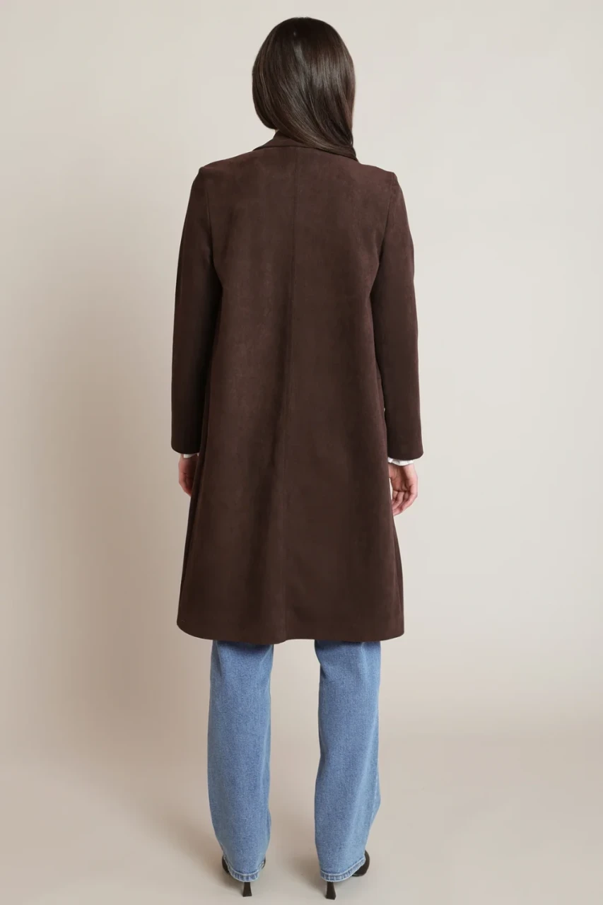 Back view of Black Tape chocolate Shaye suede coat showing longline drape and plush finish