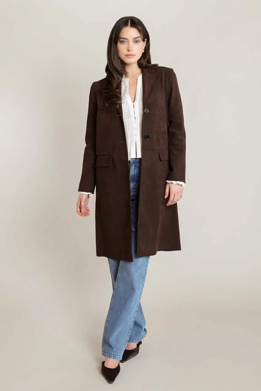 Front view of Black Tape Shaye suede coat in chocolate showing lapels and open front