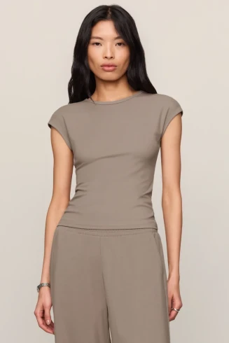 Front view of Z Supply Soft Trace second skin tee in wild mushroom showing crew neckline and cap sleeves