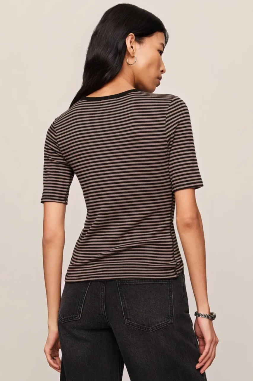 Back view of Z Supply wild mushroom striped tee showing smooth shoulders and back hem