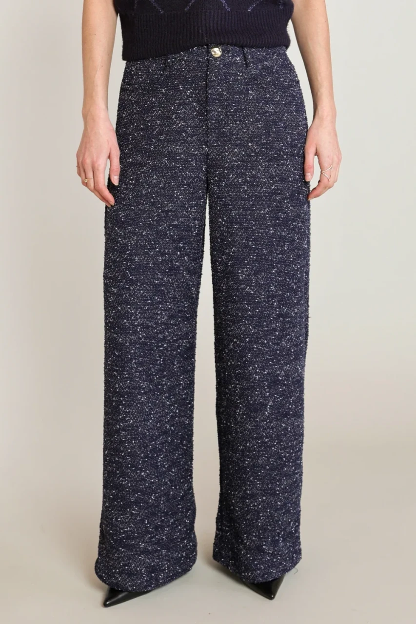 Front view of Black Tape boucle pants in navy blue melange showing waistband and wide leg cut