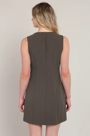 Back view of Dex sleeveless button-up mini dress showing clean lines and mini-length hemline