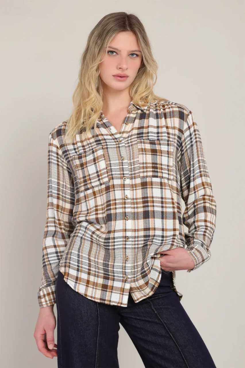 Front view of Room 34 Parker plaid button up shirt in brown navy showing collar and chest pocket