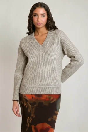 Front view of Dex v-neck sweater top in oatmeal grey heather soft knit fabric