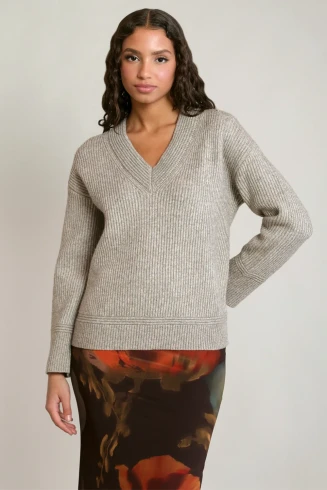 Front view of Dex v-neck sweater top in oatmeal grey heather soft knit fabric