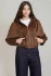 Front view of Dex faux suede hooded bomber jacket in brown with zip closure