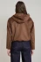 Back view of Dex brown faux suede hooded bomber showing hood detail and ribbed hem