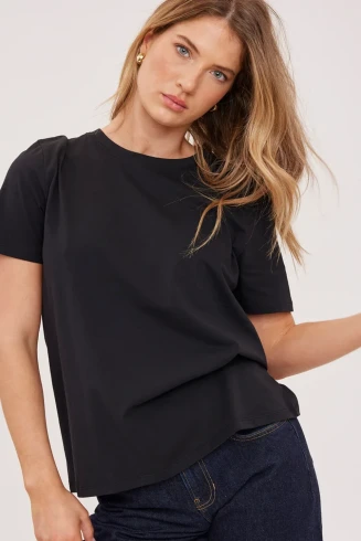 Front view of Gentle Fawn Victoria t-shirt in black showing crew neckline and short sleeves