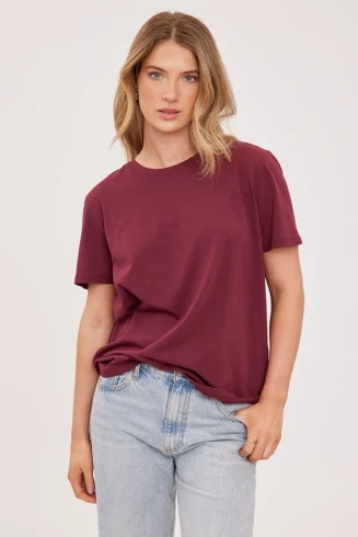 Front view of Gentle Fawn Victoria t-shirt in fig showing crew neckline and short sleeves