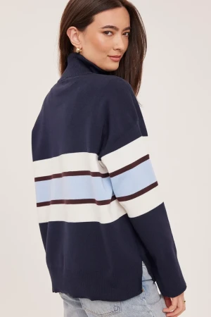 Back view of Gentle Fawn navy stripe Idris sweater showing shoulders and ribbed hem