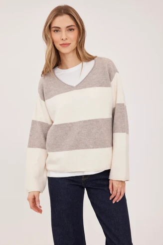 Front view of Gentle Fawn Annalise sweater in latte stripe showing v-neckline and long sleeves