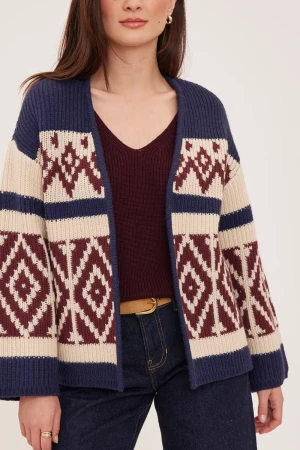 Front view of Gentle Fawn Dorian cardigan in navy showing jacquard pattern and button closure
