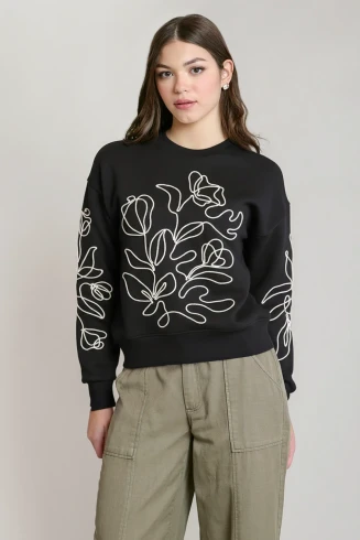 Front view of Dex embroidered sweatshirt in black with delicate contrast stitching