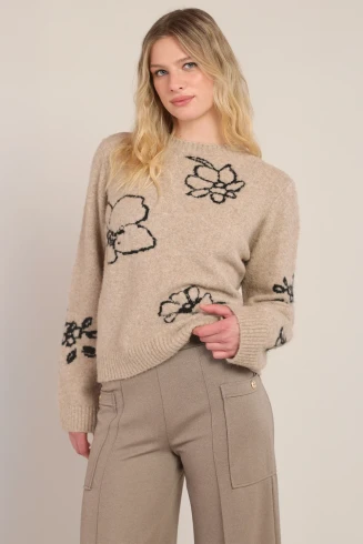 Front view of Room 34 Francesca flower crewneck sweater in taupe showing floral knit detail