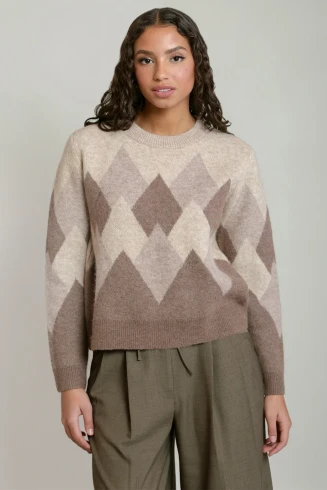 Front view of Dex diamond sweater in oatmeal and brown showing geometric pattern