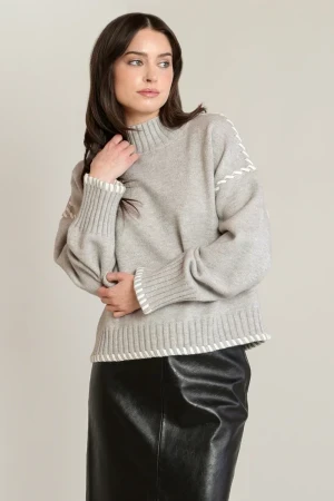 Front view of Black Tape stitch turtleneck sweater in light gray melange showing ribbed neckline