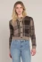 Front view of Room 34 Phoebe plaid cardigan in taupe brown plaid showing buttons and V-neckline