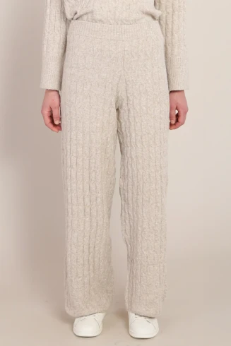 Front view of Room 34 Chalet cable knit pant in beige showing elastic waist and side cable texture