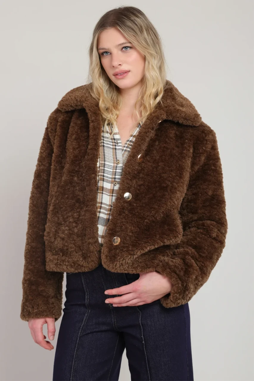 Front view of Room 34 Frostline faux fur coat in minky brown showing spread collar and plush texture